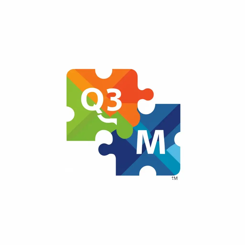 a logo design,with the text "Q3M Wanda solutions", main symbol:three puzzle pieces joined together to showcase togetherness.
Each puzzle piece would represent a character from the word "Q3M",Moderate,be used in Technology industry,clear background