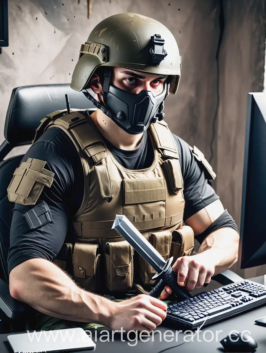 Gamer-in-Military-Gear-with-Sword-at-Computer