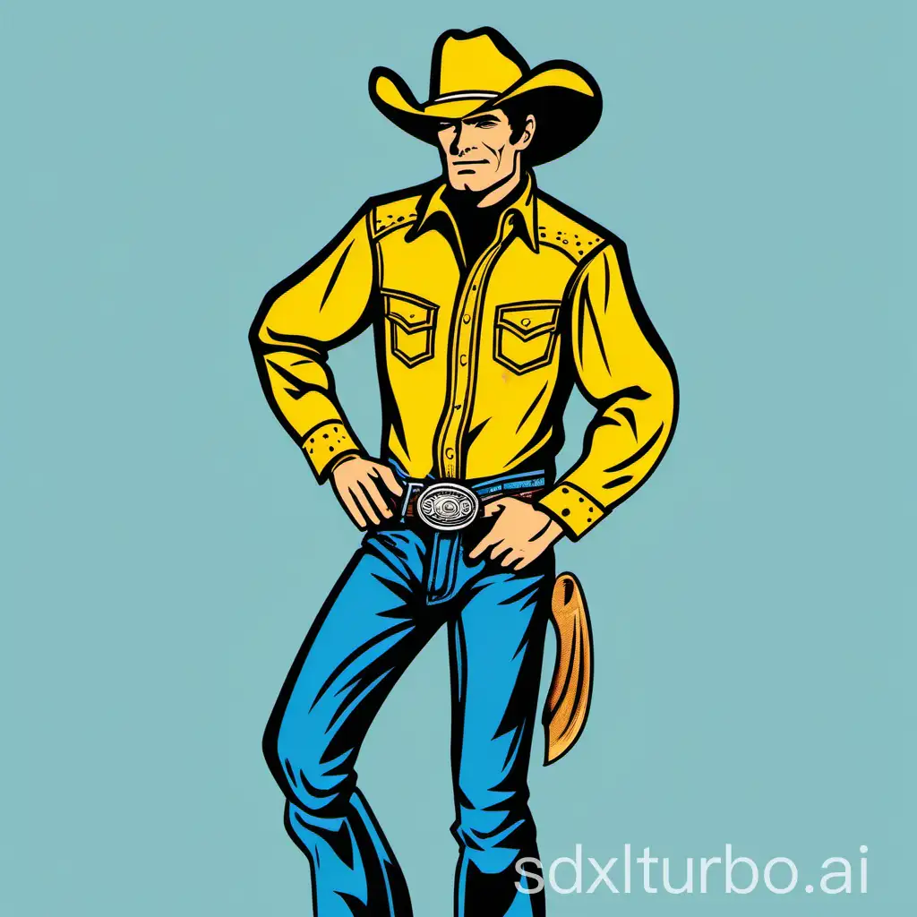 tex willer yellow shirt and blue jeans jeans cowboy of rodeo with horse line art vector style