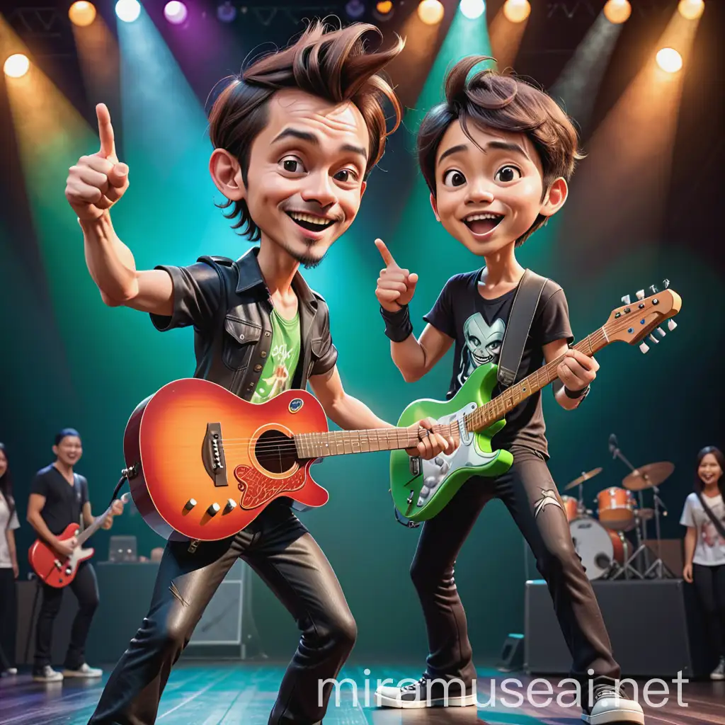 Realistic 4D caricature, a 30 year old man, thin hair, wearing rocker style clothes, hands pointing forward, is on stage with the famous Indonesian singer Ariel Peterpan who is playing the guitar