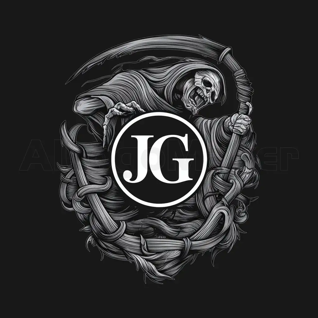a logo design,with the text "Jg", main symbol:reaper of death suffering pain devastation dark soul death end,complex,clear background
