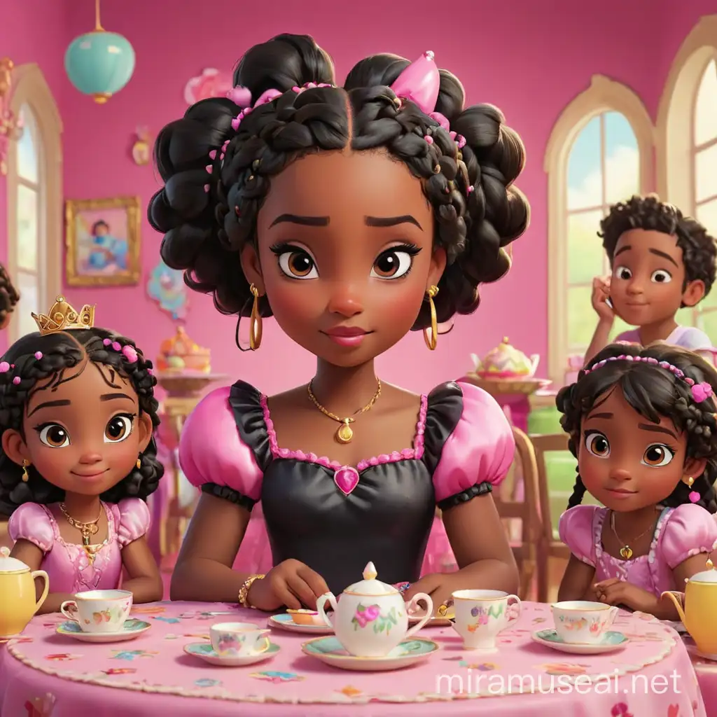 Black Cartoon princess, with braids in her hair, sitting with friends, boys and girls, tea party, hot pink background , 4 years old, fancy dress, birthday poster.