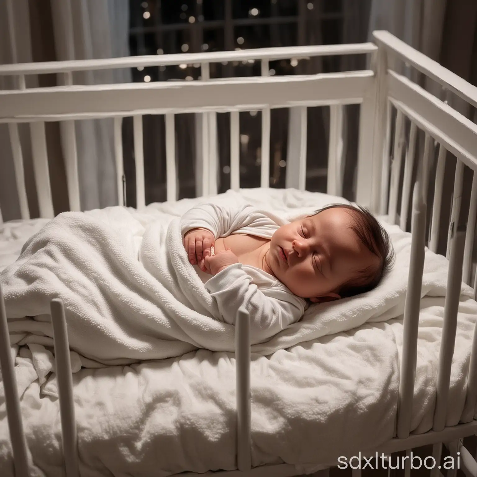 A baby sleeping peacefully in a crib. The baby is wearing a white onesie and has a soft blanket covering them. The crib is in a dark room with a window in the background.