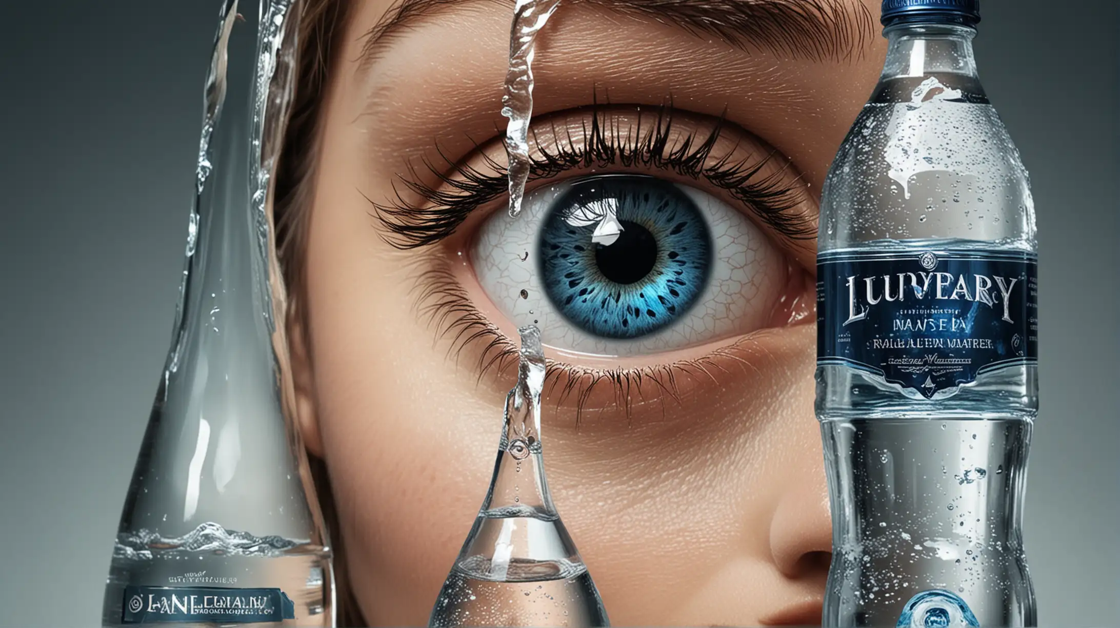 generate a big poster advertisement for a luxury mineral water. The name: luxurytear. there shoulbe an opened bottle of mineral water in the middle of the poster, and a corner of an eye in the upper corner, and a teardrop is dropping into the bottle
