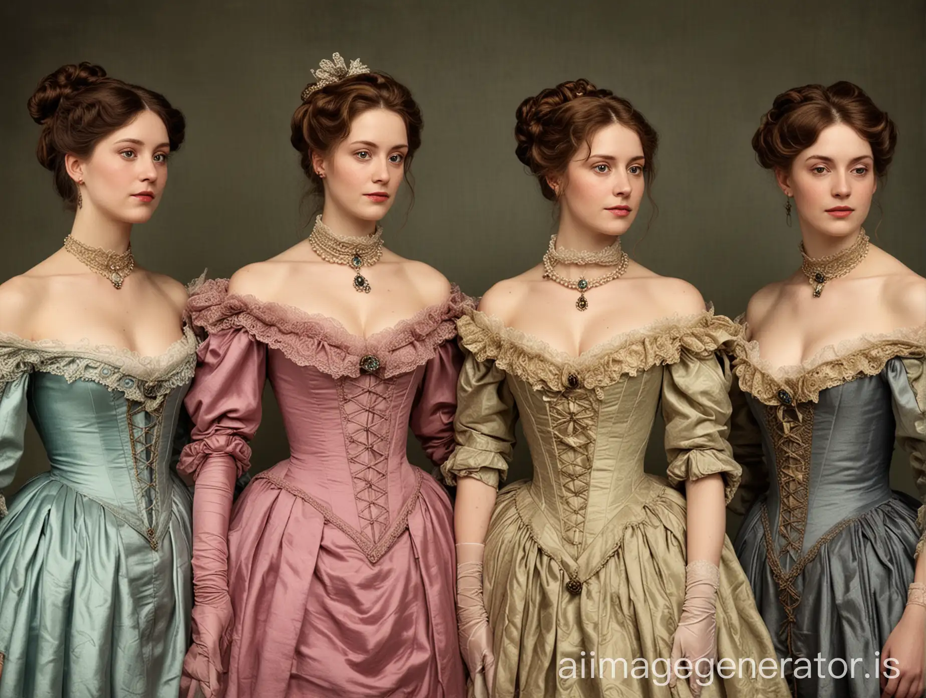 Beautiful Victorian Era Noblewoman Group With Shoulderless Gown, With Enticing Necklines