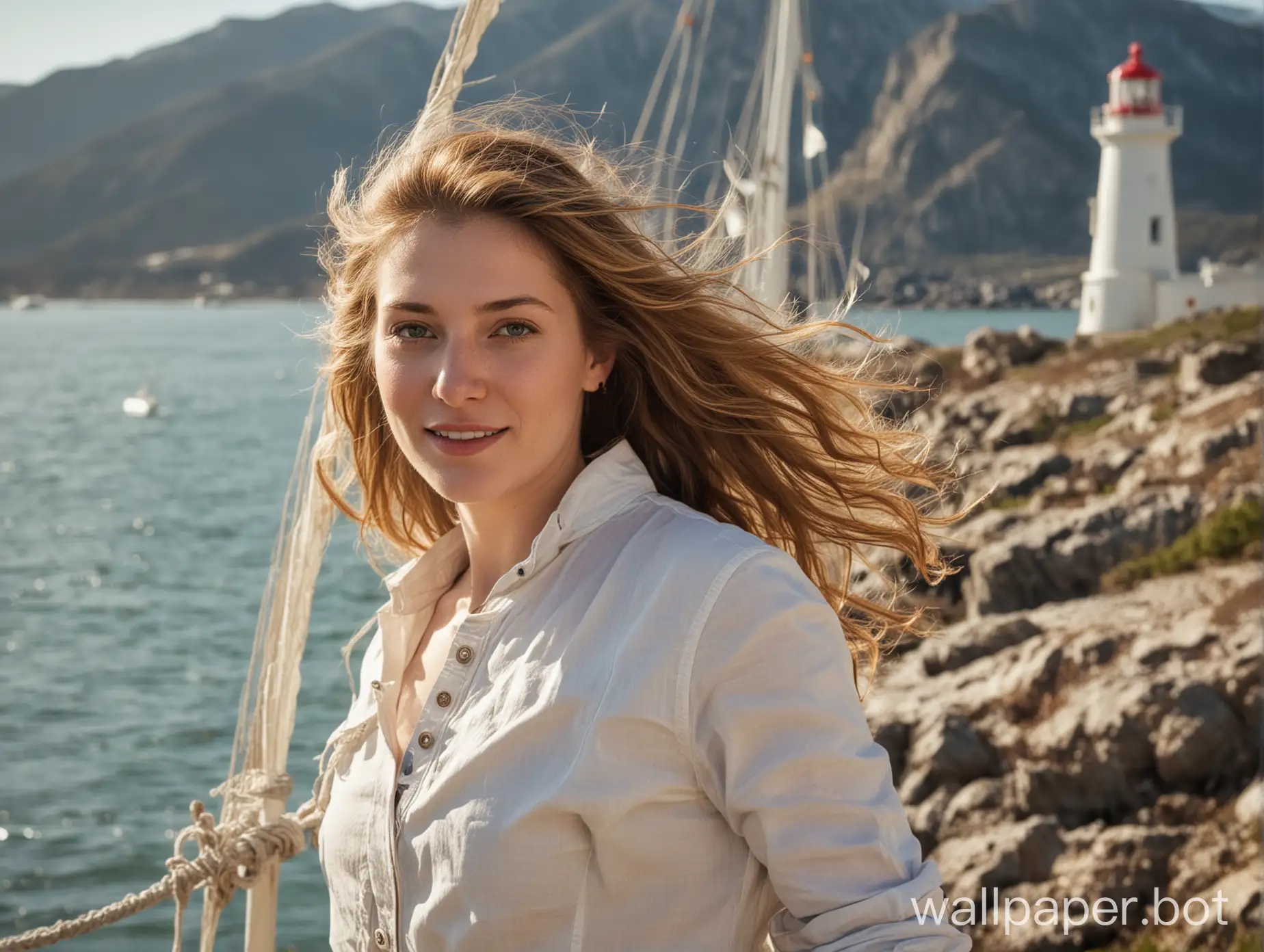 Portrait-of-a-Woman-Enjoying-Spring-Sunshine-near-a-Lighthouse-with-Mountain-and-Sailboat-Views