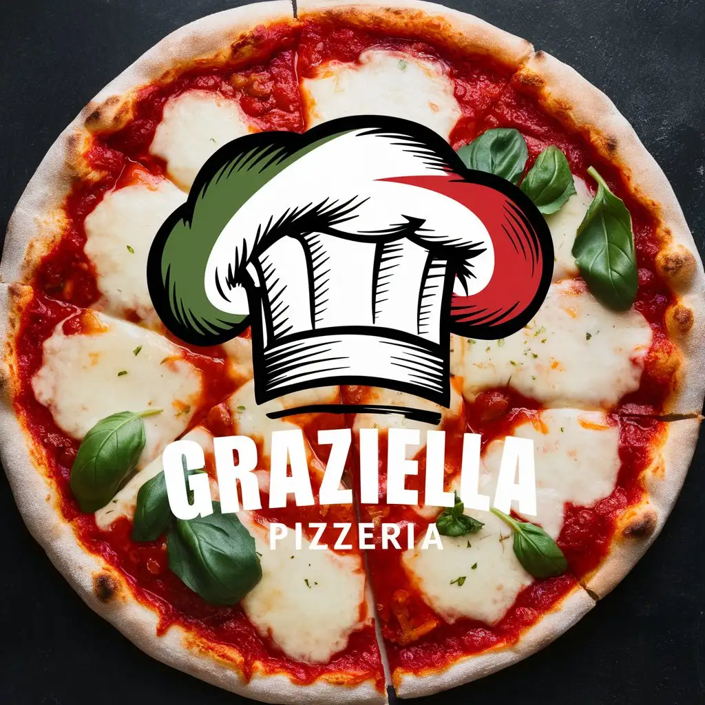 Graziella Pizzeria logo, Sharp, Sketched Chef's hat, Italian colors, Buffalo Margherita pizza,