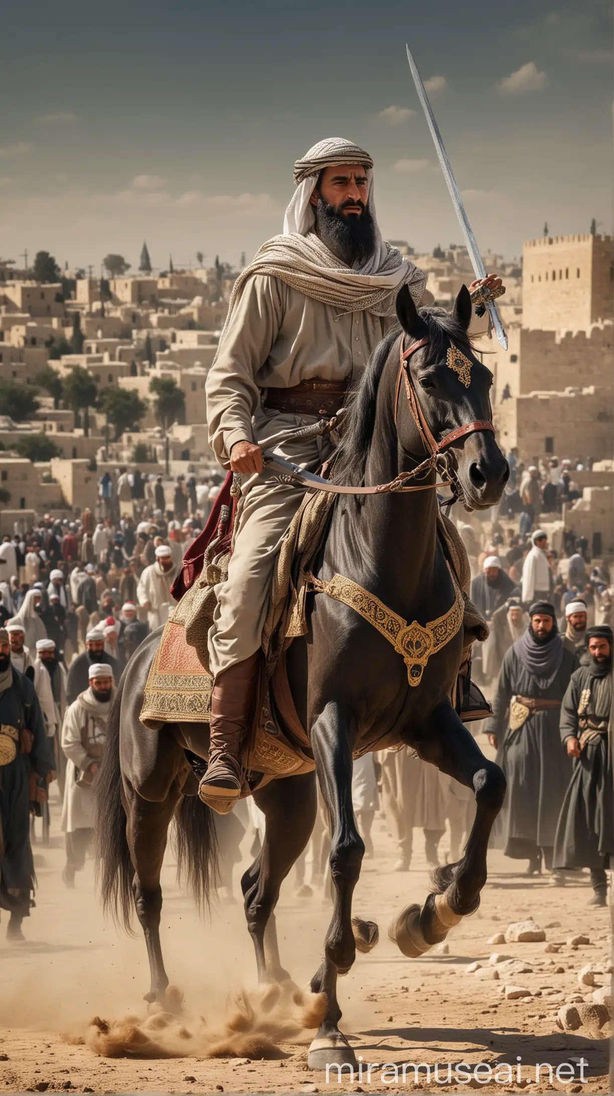 Sultan Salahuddin Eyyubi Leading His Army in 11th Century Jerusalem on Horseback