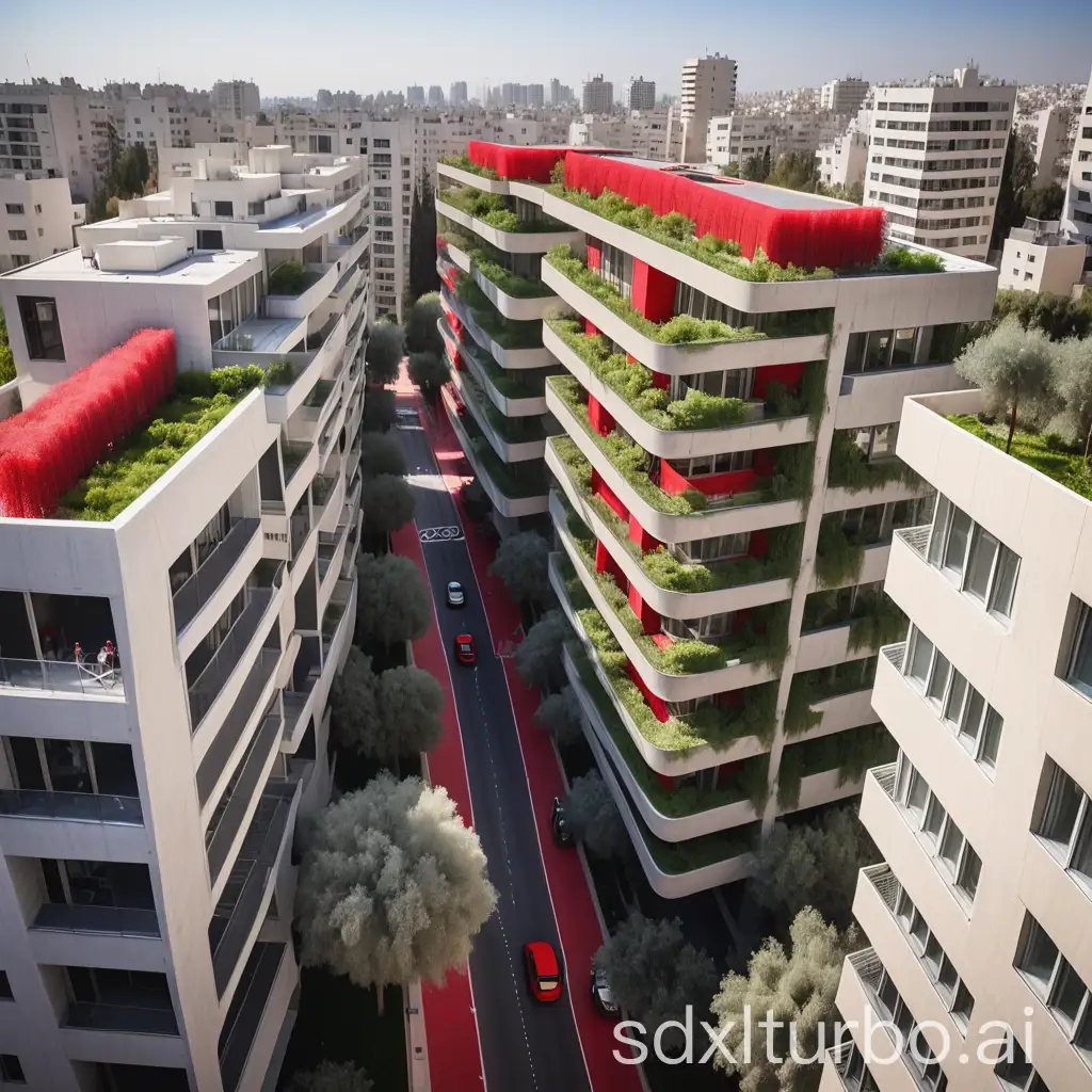 AERIAL DISTRICT TEL AVIV, BUILDING ARE 9 FLOORS ONLY, BALCONIES IN EVERY FACADE, STREETS ARE LINED WITH TREES, ALL STREETS HAVE CYCLING PATHS IN RED ON THEIR SIDES, ROADS ARE ONLY 2 LANES, NOT MORE.