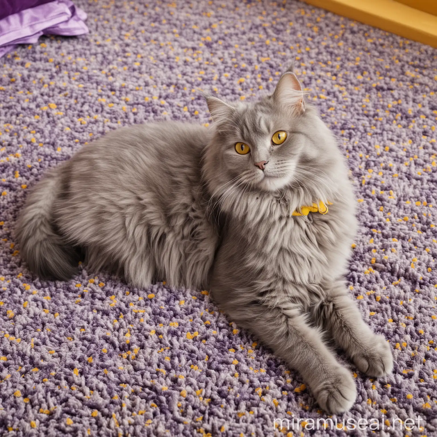 Fluffy Gray Cat Resting on Carpet in Warmly Lit Room