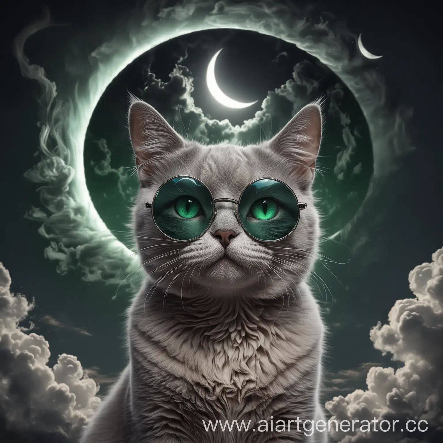 Кот в очках круглых с черными глазами, дым вокруг и полумесяц на небе с оттенками серебра и изумруда