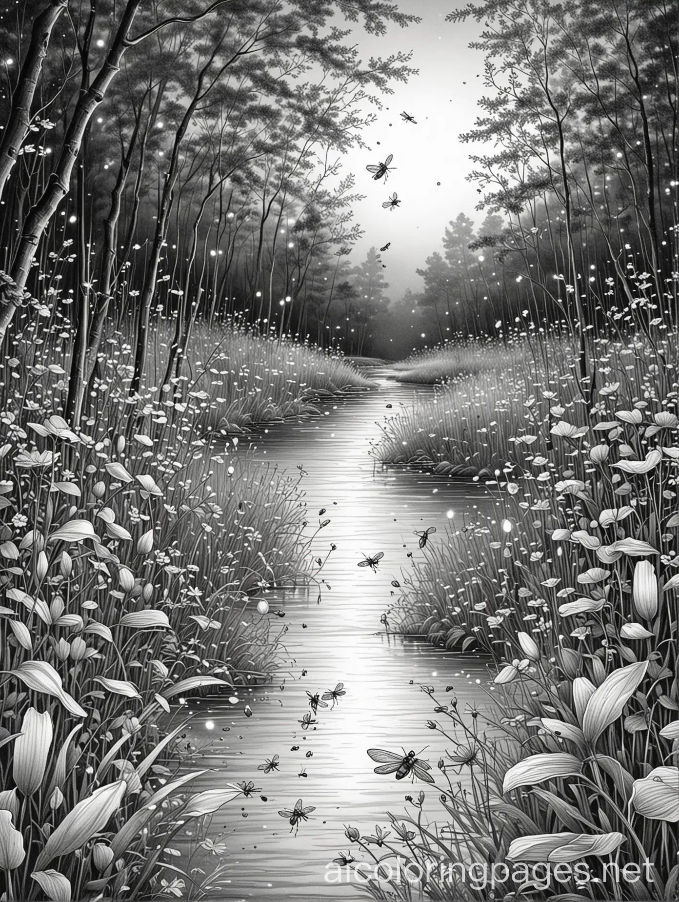 evening fireflies, Coloring Page, black and white, line art, white background, Simplicity, Ample White Space. The background of the coloring page is plain white to make it easy for young children to color within the lines. The outlines of all the subjects are easy to distinguish, making it simple for kids to color without too much difficulty