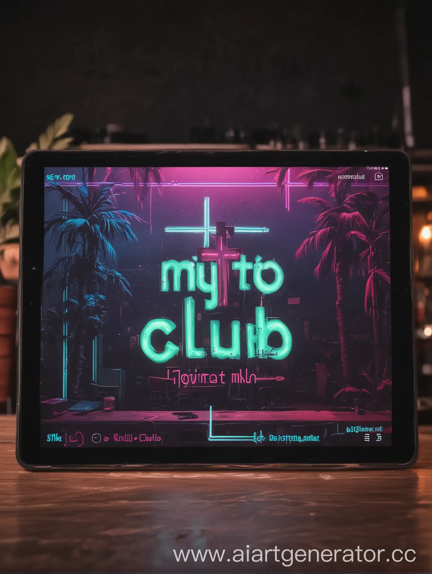 Synthwave Bar with name "Mojito club" with Orthodox cross on it's tablet