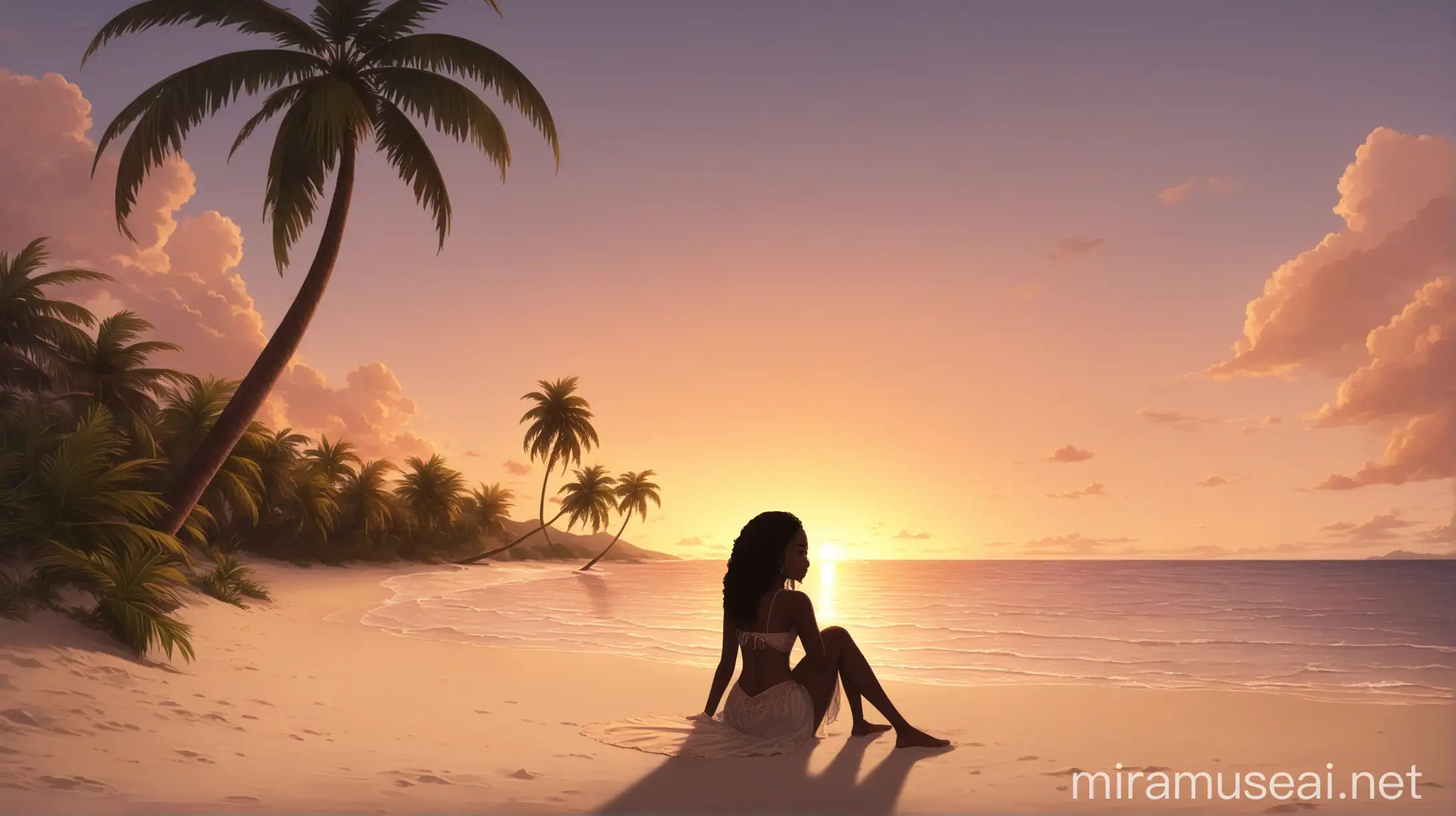 A caribbean girl chilling sitted on the sand of a beach with at her left some palms tree and the water on the right with a sunset