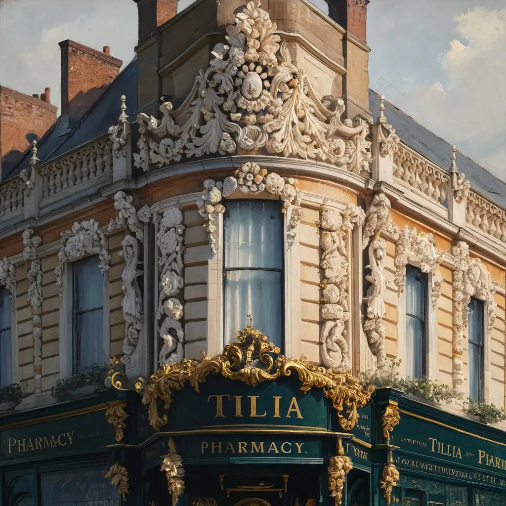 A beautiful photo of the pharmacy "Tilia" in the Victorian style, which occupies the entire surface of the painting. The building should be richly decorated, reflecting the architecture of the Victorian era with distinctive details such as ornamentation and intricately finished facades. Particular attention should be paid to the cutter, which is richly decorated with floral, animal and figural motifs, adding to the elegance and splendor of the building's facade. The name "Tilia" should be clearly visible on the facade of the building, made in a stylish Victorian font. The painting should focus on the architectural details of the pharmacy, emphasizing its historical character and decorative clipping, which is a key element of Victorian aesthetics.