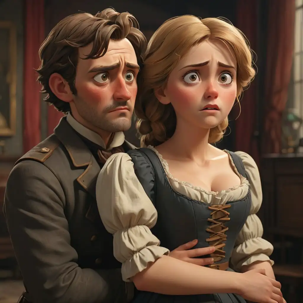 The man and woman are shy and afraid of each other. Germany, 19th century. Realism style, 3D animation