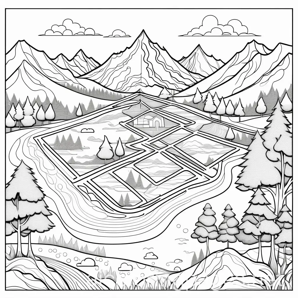  Treasure Map: "A very simple sketch map with an X marking the treasure location, a few paths, and some basic symbols like trees and mountains. Outline only, no shading or patterns, black and white line art for coloring. Suitable for A4 print" , Coloring Page, black and white, line art, white background, Simplicity, Ample White Space. The background of the coloring page is plain white to make it easy for young children to color within the lines. The outlines of all the subjects are easy to distinguish, making it simple for kids to color without too much difficulty. (Translated from Swedish)