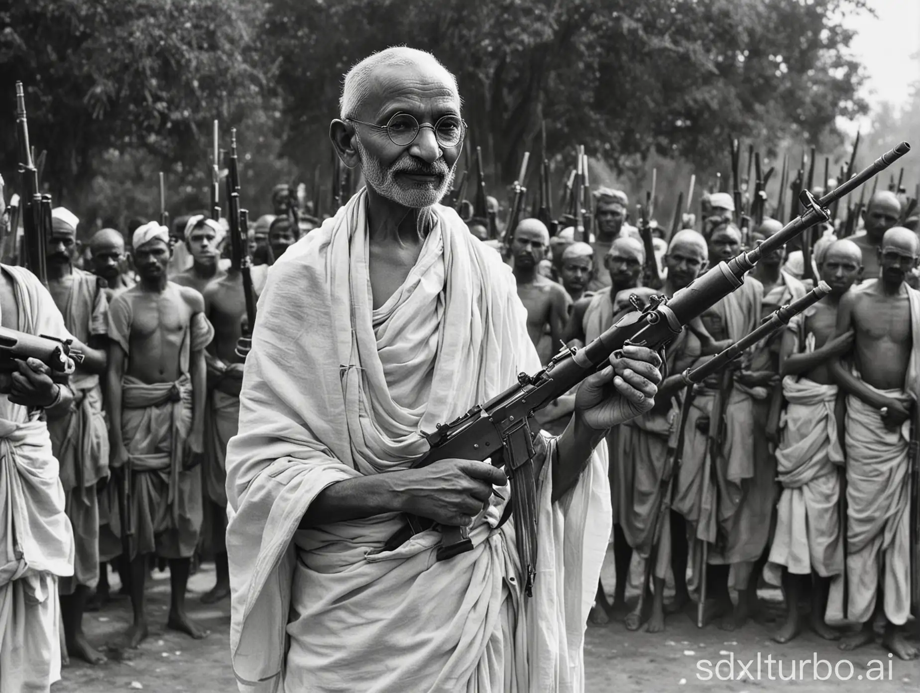 mahatma gandhi fully armed with weapons saving people 