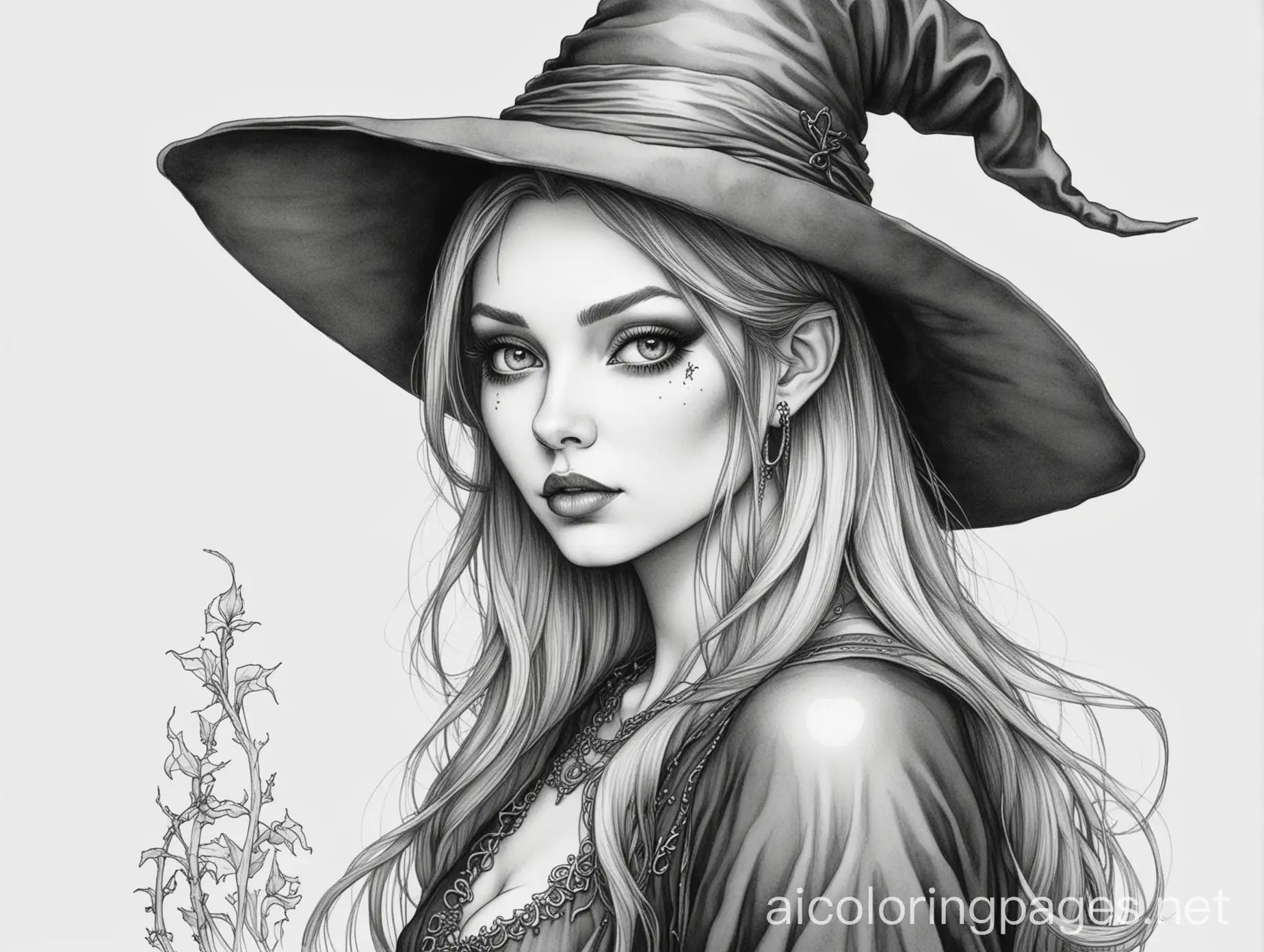 Gothic witch, Coloring Page, black and white, line art, white background, Simplicity, Ample White Space. The background of the coloring page is plain white to make it easy for young children to color within the lines. The outlines of all the subjects are easy to distinguish, making it simple for kids to color without too much difficulty