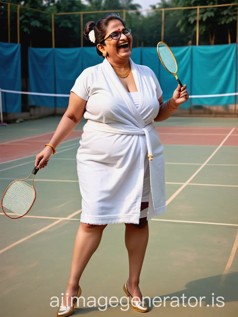 an indian 47 years old ,fat mature woman with  makeup, wearing power spectacles, golden earrings , gold neck lace , anklet on feet and high heels on feet, with dense hair with big bun hair style, holding a badminton racket , wearing a  white bath towel  ,in a badminton  court ,she is happy and laughing ,its evening time 
