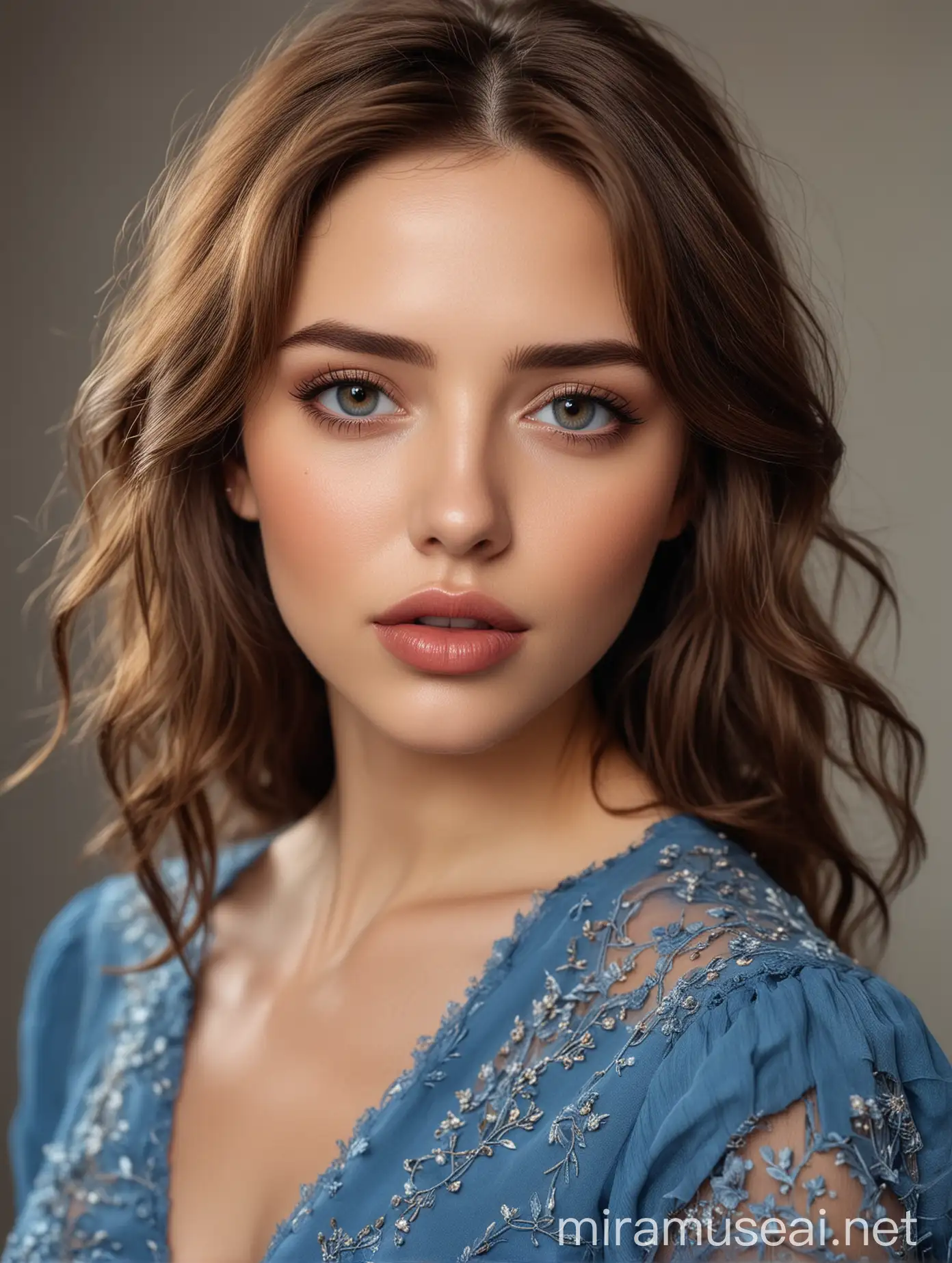 Mujer de cabello marrón, muy hermosa, de facciones delicadas, labios gruesos ojos claros, vestido azul