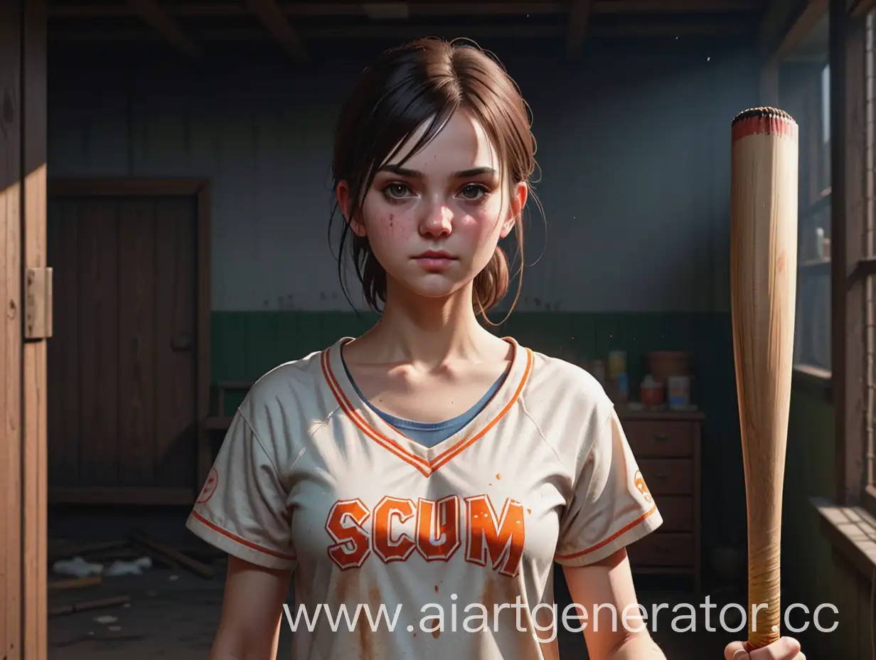 Девушка из игры SCUM с бритым виском и длинной челкой стоит с битой 