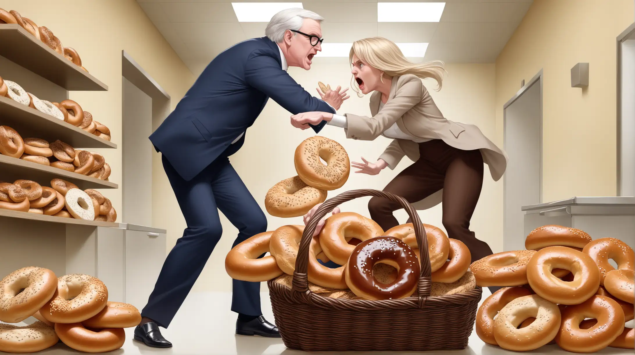 a rich white man and a trashy white woman fight over a basket of bagels and matza