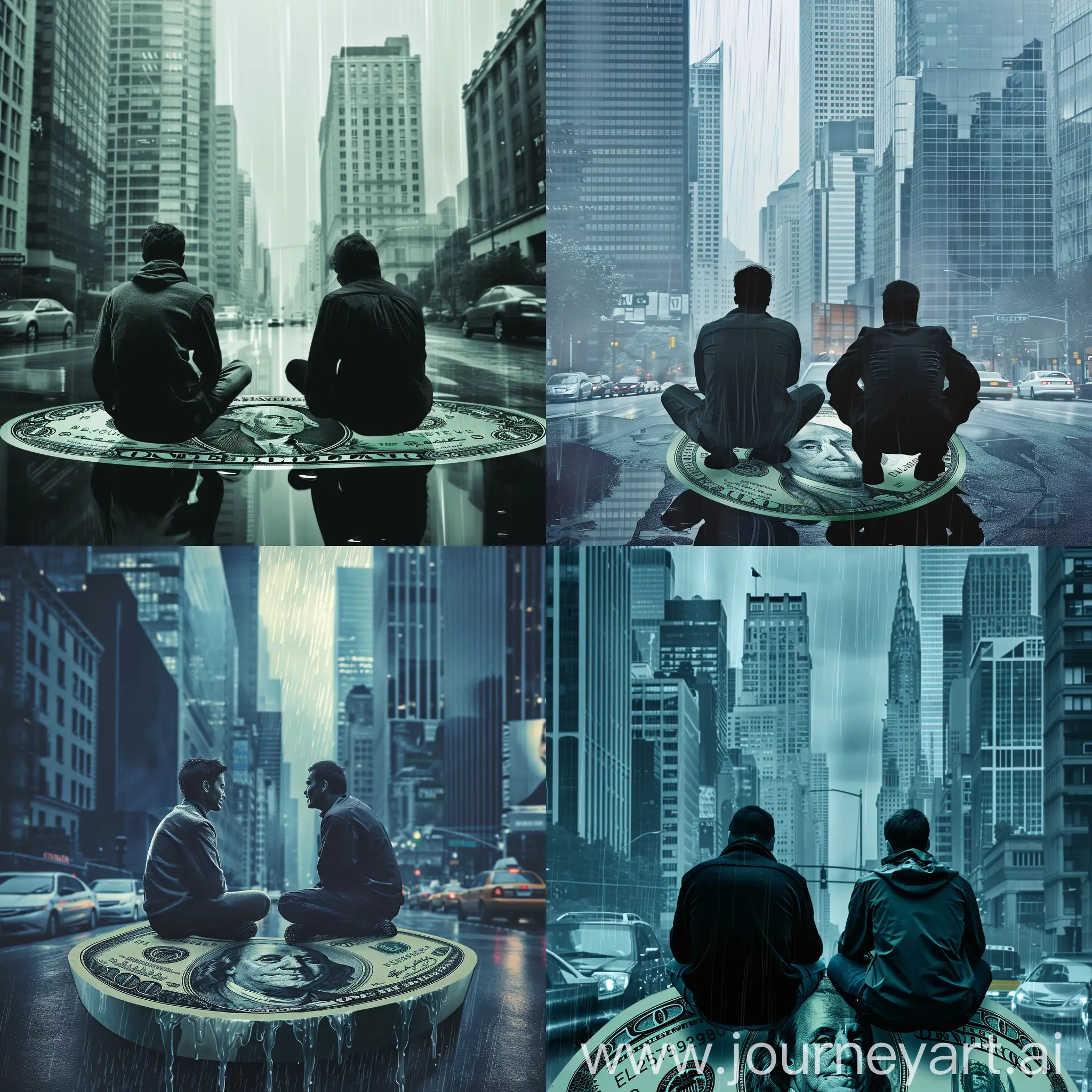 Two-Men-Sitting-on-a-Large-Dollar-amidst-Urban-Rain