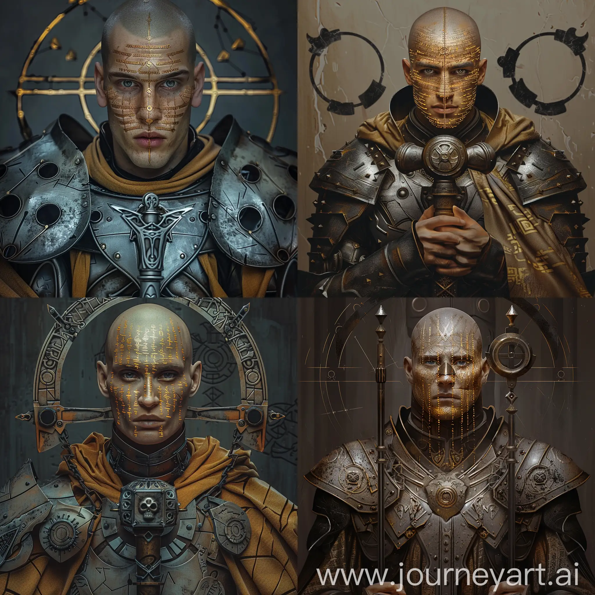 heroic beautiful european man with perfect face features, golden tanned skin, lines of golden text on his face, muscular, completely bald and shaved, grey eyes, medieval priest robes mixed with armor plates, symmetrical, holding huge two handed ceremonial flanged mace, symmetrical mace, dark circles and lines engraved on armor