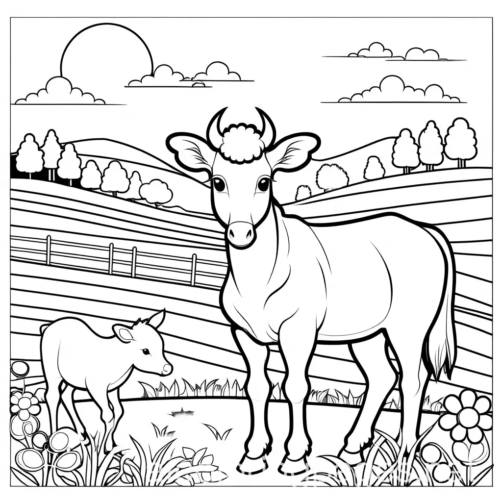 cute animals for kids farm , Coloring Page, black and white, line art, white background, Simplicity, Ample White Space. The background of the coloring page is plain white to make it easy for young children to color within the lines. The outlines of all the subjects are easy to distinguish, making it simple for kids to color without too much difficulty