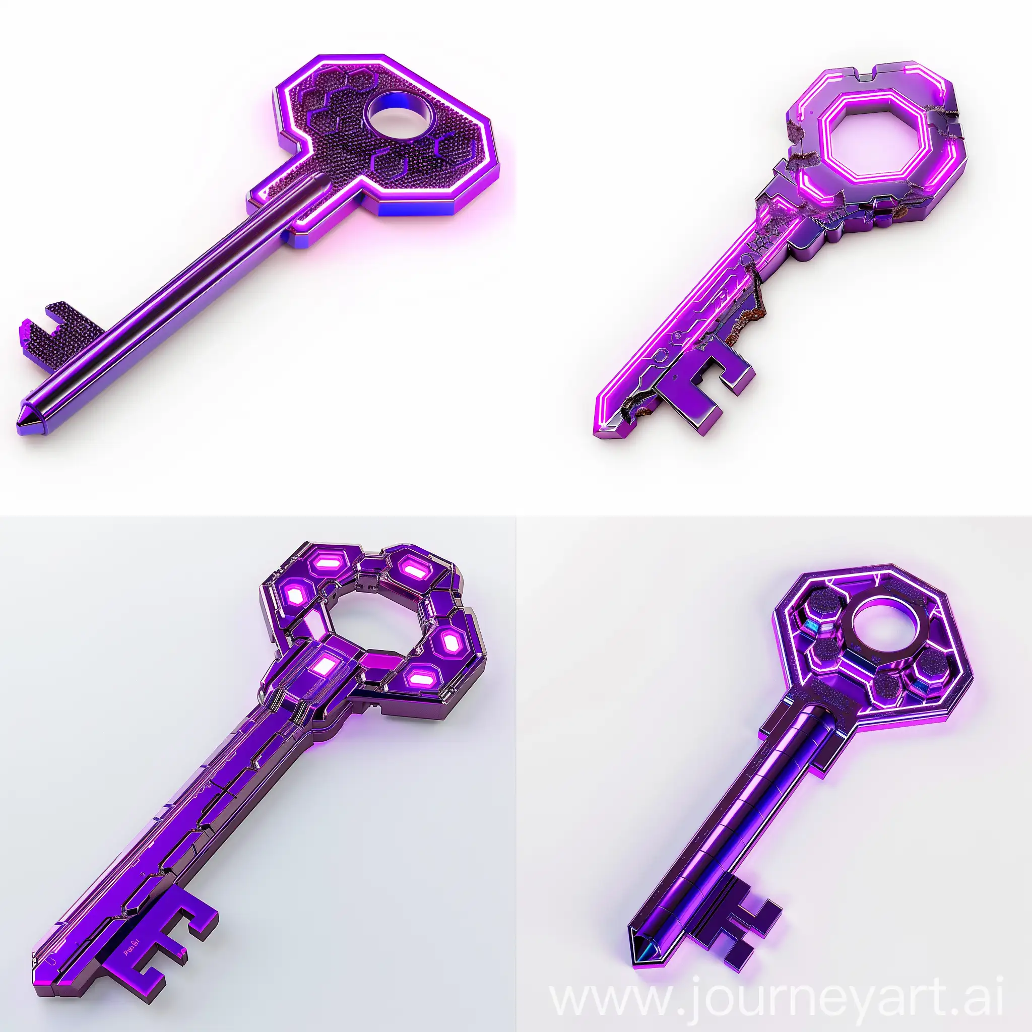 an image of a purple key. The key should appear to be made of a sleek, futuristic, cyberpunk-inspired material with a vibrant shade of purple. Some parts of the key should feature intricate neon purple hexagon patterns. The background should be completely clean and white, or in contrasting colors to the key, as I will need to remove the background easily