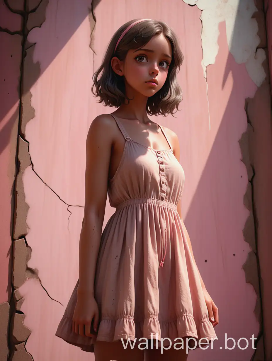 (full body view from below), kawaii aesthetic, dreamy, pensive, ethereal, tanned skin, large detailed eyes, perfect hands, in sundress, natural pose, correct anatomy, pink background on grunge brown cracked background, triple exposure, Dorothy style Lathrop, E.H. Shepard, Anne Stokes style, perfect composition, dynamic light and shadow, bold high quality, intricate details, octane rendering, clarity, realism, 32k, cinematic, ultra-high detail, high quality, Artstation, perfect centered composition