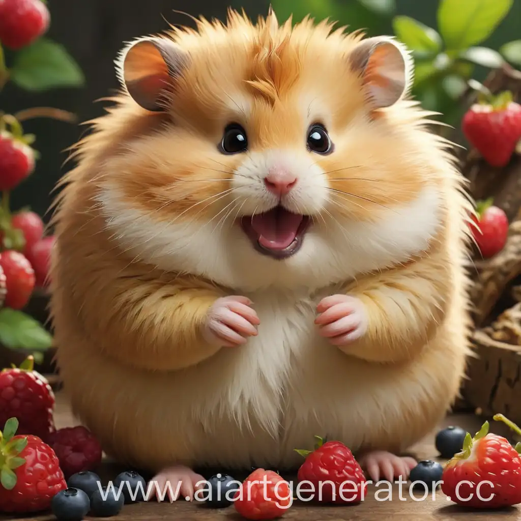 The hamster is fluffy, chubby, and cute, eating berries.