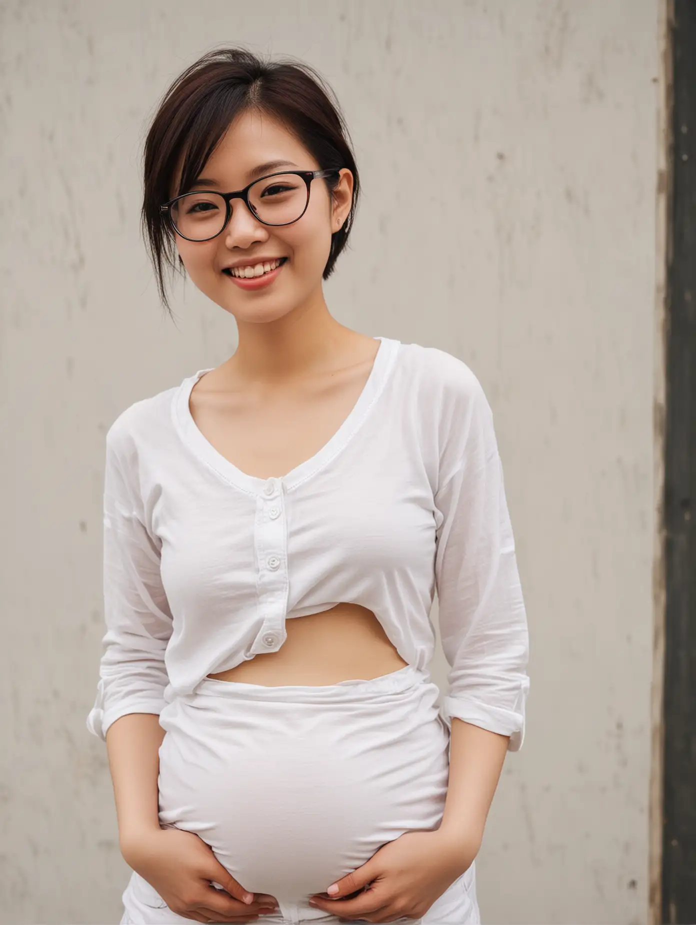 Pregnant-Chinese-Woman-in-White-Dress-and-Glasses-Smiling-in-Profile