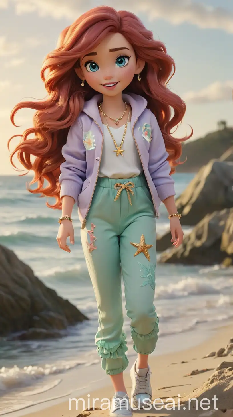 Meet Aralynn, the spirited teenage daughter of Princess Ariel and Prince Eric, blending her oceanic roots with coastal vibes. She has a sun-kissed glow, with bright cherry red hair cascading in loose waves, framing her playful, beachy look. Her aquatic blue eyes are as captivating as the ocean, filled with curiosity and adventure. Aralynn’s outfit merges 2020s mermaid, coconut girl, and coastal chic with princesscore elements. She wears a sleek lavender-purple and seaform-green ombre jumpsuit, paired with a pearly white jacket featuring gold accents and iridescent silver threads. Her white high-top sneakers have turquoise and coral pink details, with gold starfish charms. She accessorizes with a turquoise bracelet, coral pink and gold bangles, and a gold necklace with a pearly white anchor pendant, finishing her nautical look with turquoise shell stud earrings. Aralynn’s nails are painted seaform green with lavender and pearl details, adding a playful touch. Whether exploring hidden coves or lounging by the shore, her style blends tomboy charm and princess elegance, making her a vision of coastal chic and adventure. Her look is perfect for any seaside escapade, embodying the spirit of the ocean with every step. Whether she’s sailing or relaxing, Aralynn’s style is always enchanting, capturing the essence of her mermaid heritage and coastal upbringing. 
