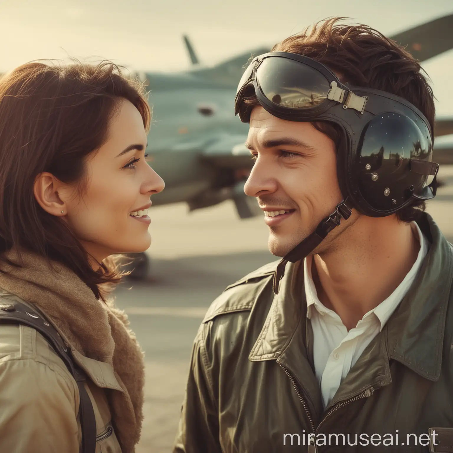 Vintage Airport Encounter Respectful Woman and Fighter Pilot