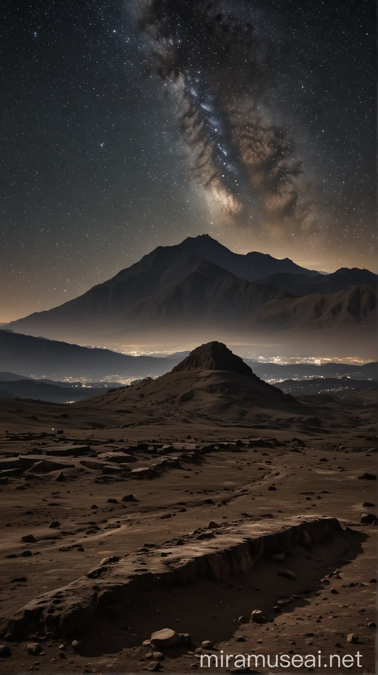 Mysterious Tomb Night Sky with Mountain Silhouette