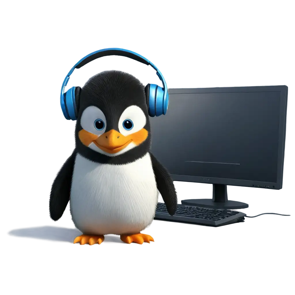 Cute-Penguin-in-Headphones-Looking-at-Monitor-PNG-Image