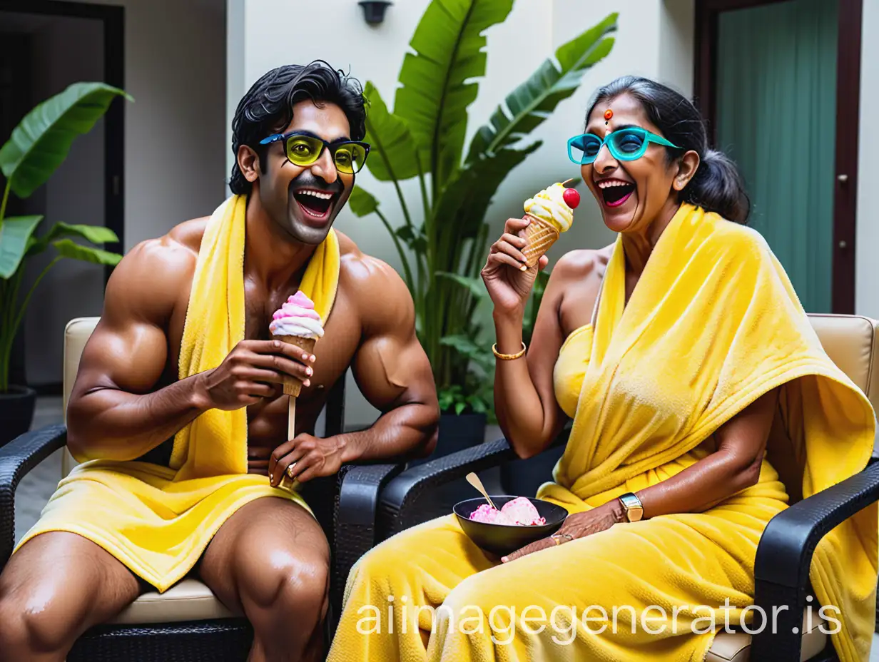 A 23 year old Indian muscular man is sitting with a 43 year old Indian mature woman with makeup and wearing power spectacles. Both are wearing wet neon golden towels and sitting on two luxurious chairs. Luxurious foods and drinks are served on a table they are sitting face to face and they are happy and laughing. They are eating ice cream and a big dog is near them. They are in a big banana garden court yard.