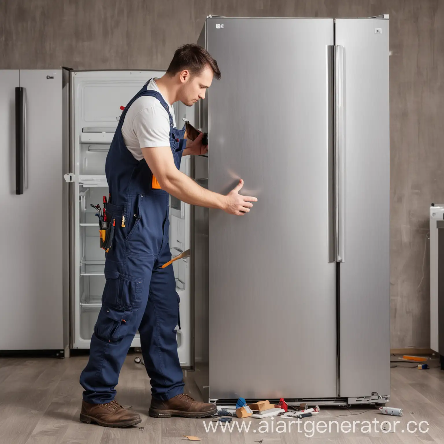 a male repairman in overalls repairs an LG refrigerator, prominent parts, disassembles a refrigerator, repairs