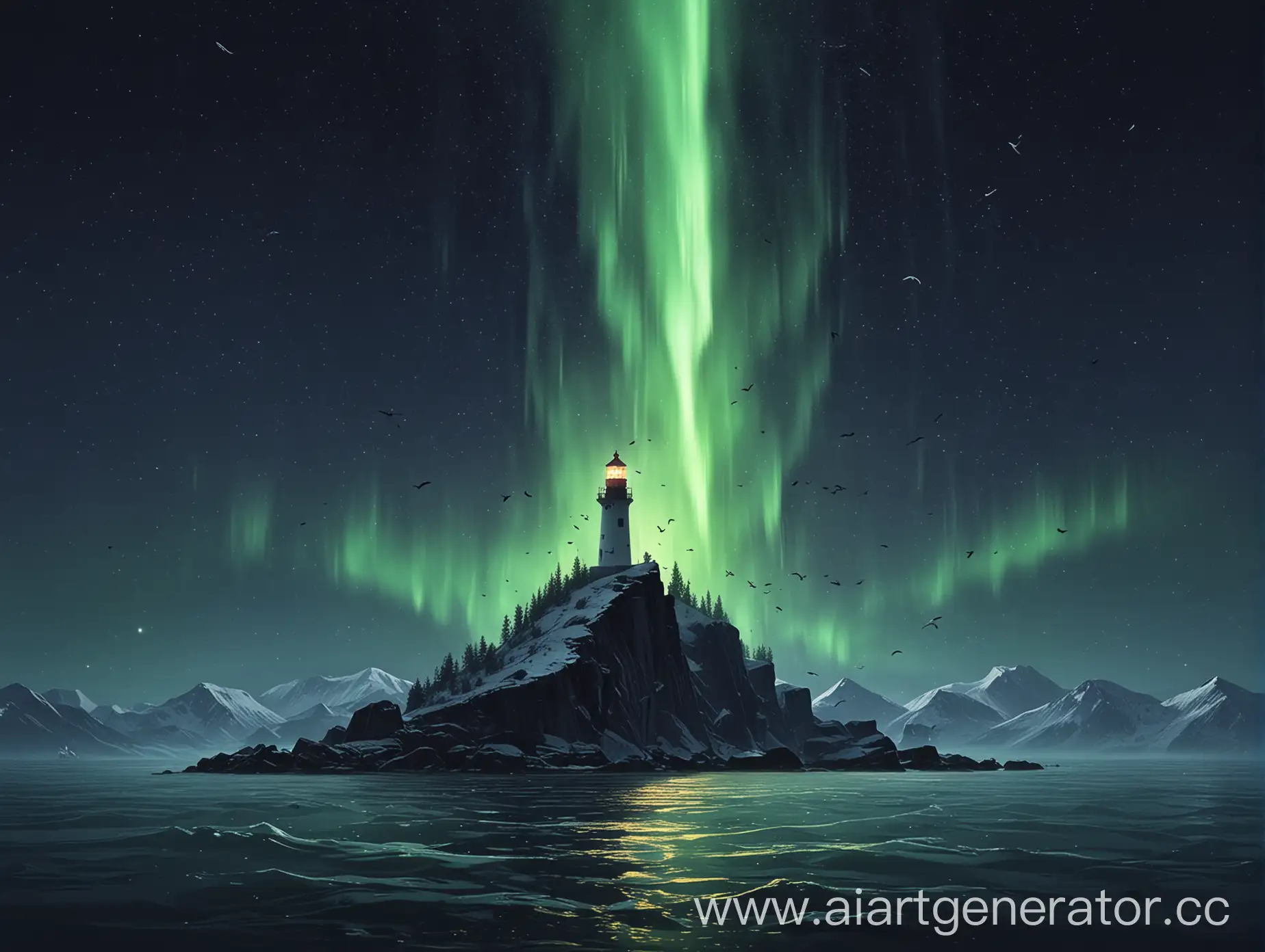 Minimalist-Lighthouse-with-Northern-Lights-Over-Mountains-and-Sea