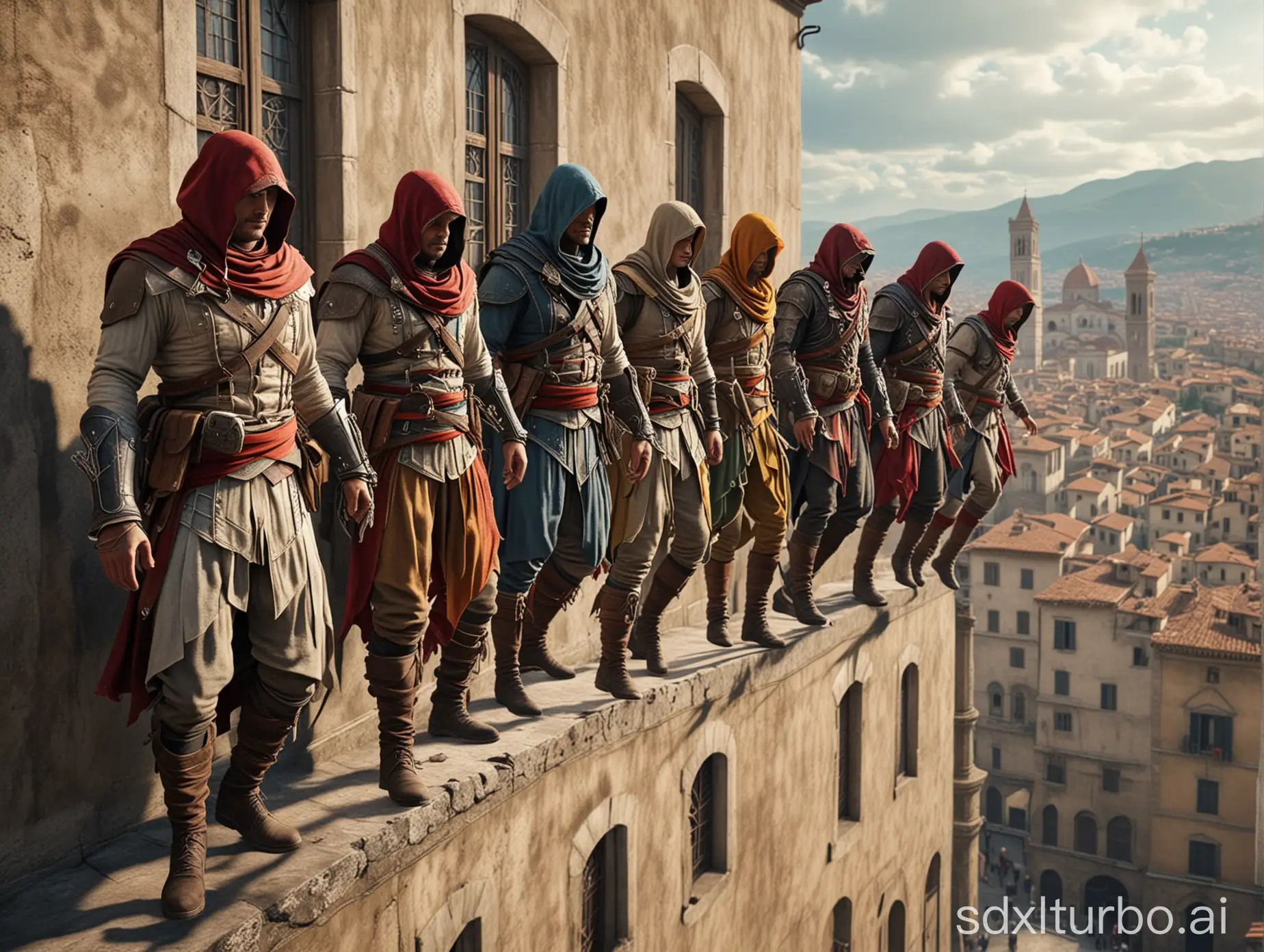 army of Assassin's Creed soldiers, jumping from roof to roof, Florence, multicolored costumes, 8k, hyper detailed, hyper realistic