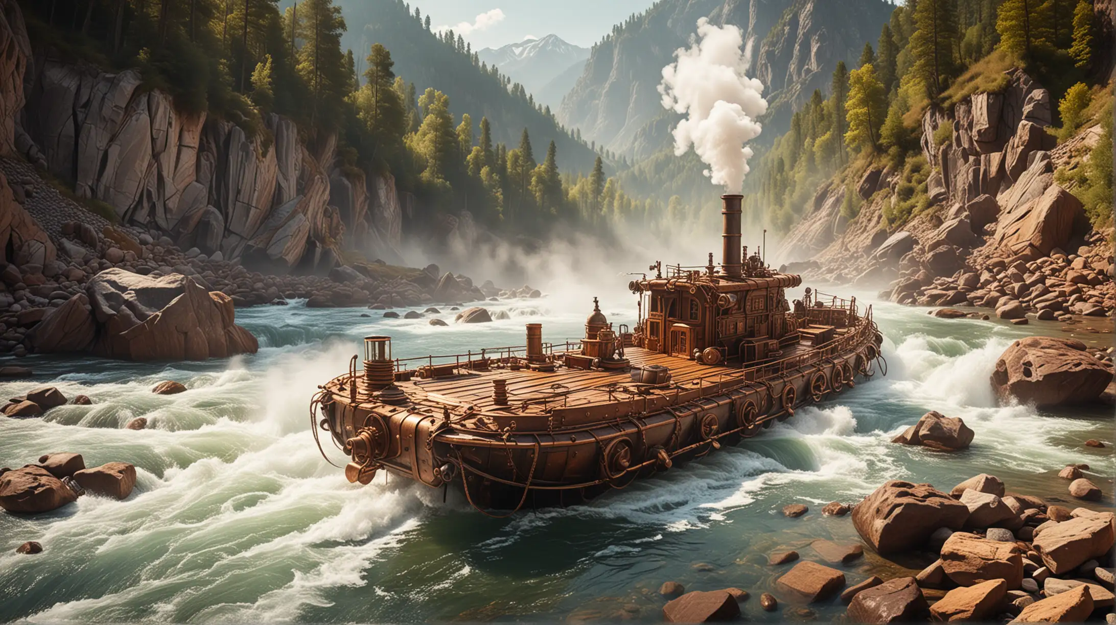 a steampunk raft made of wood and copper flows on a mountain river with wild shores and many stones in the river, some steam and smoke, sunny and hot