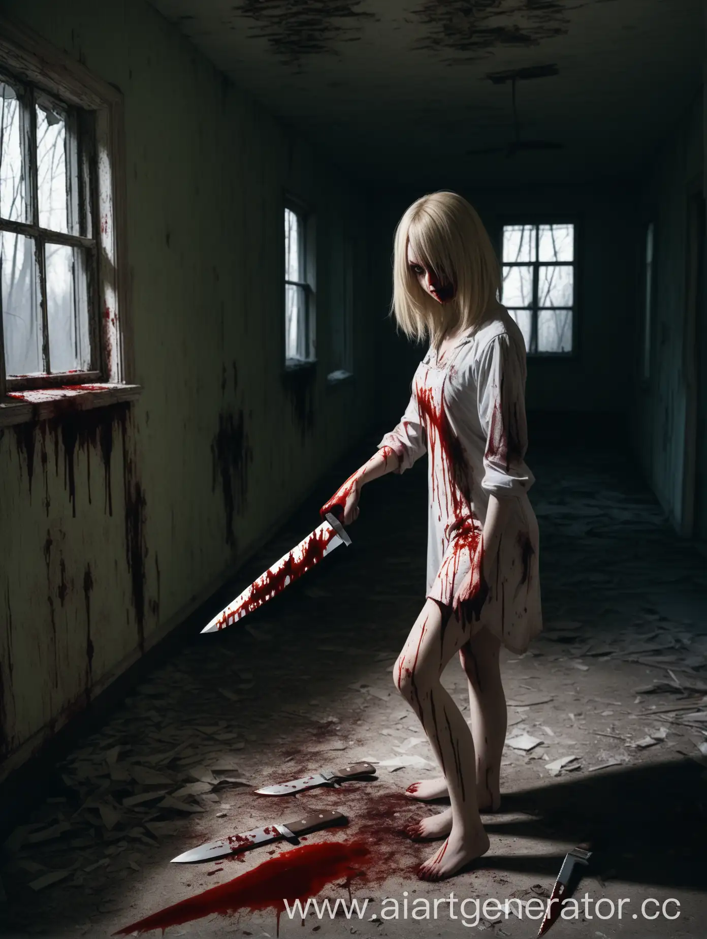 blonde with a bloody knife in an abandoned house