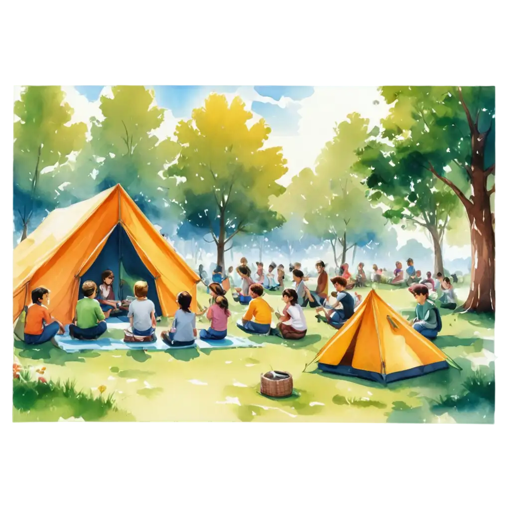 cartoon of school students camping in the park and lively entertainment events