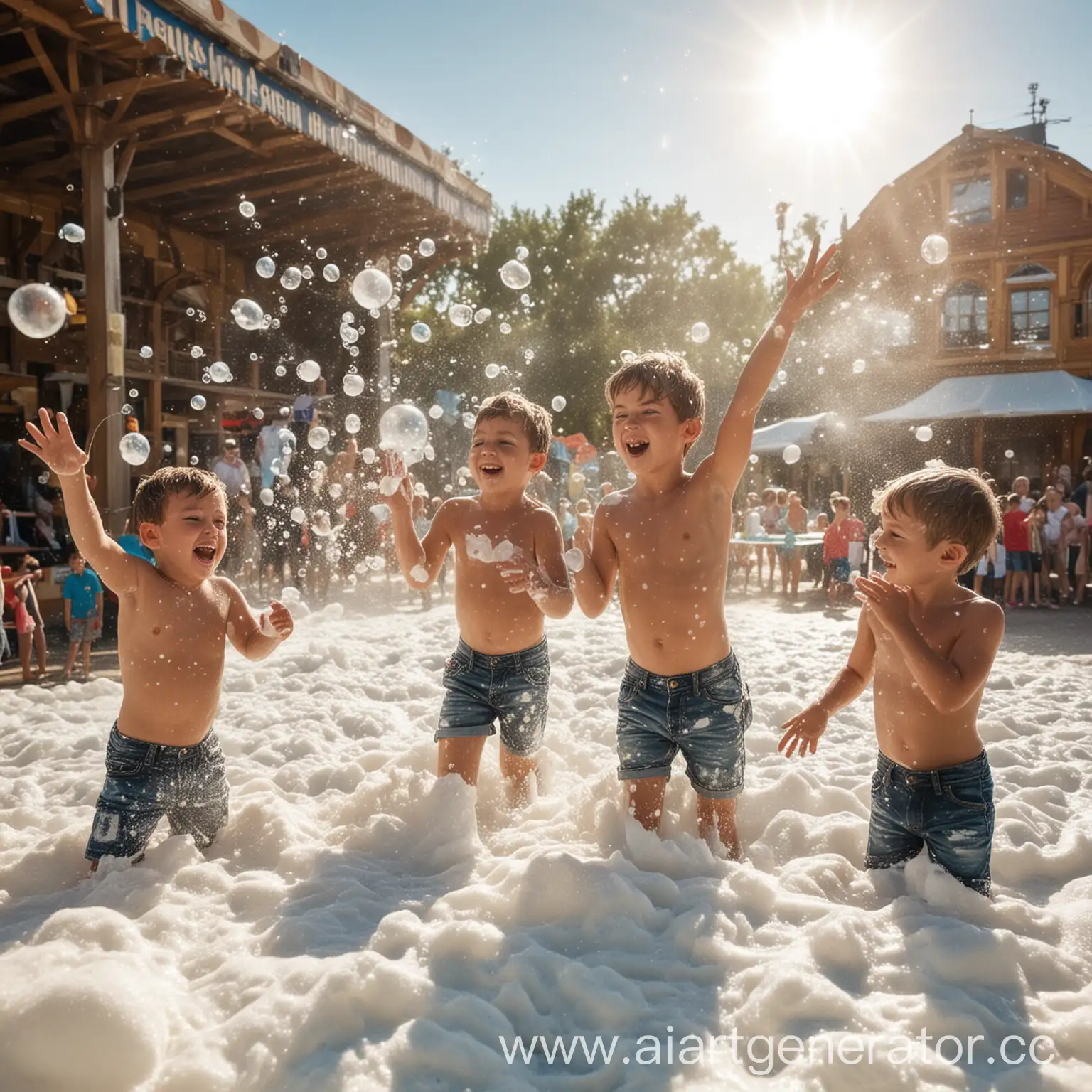Joyful-Boys-Playing-with-Bubbles-and-Foam-in-Sunny-Amusement-Park