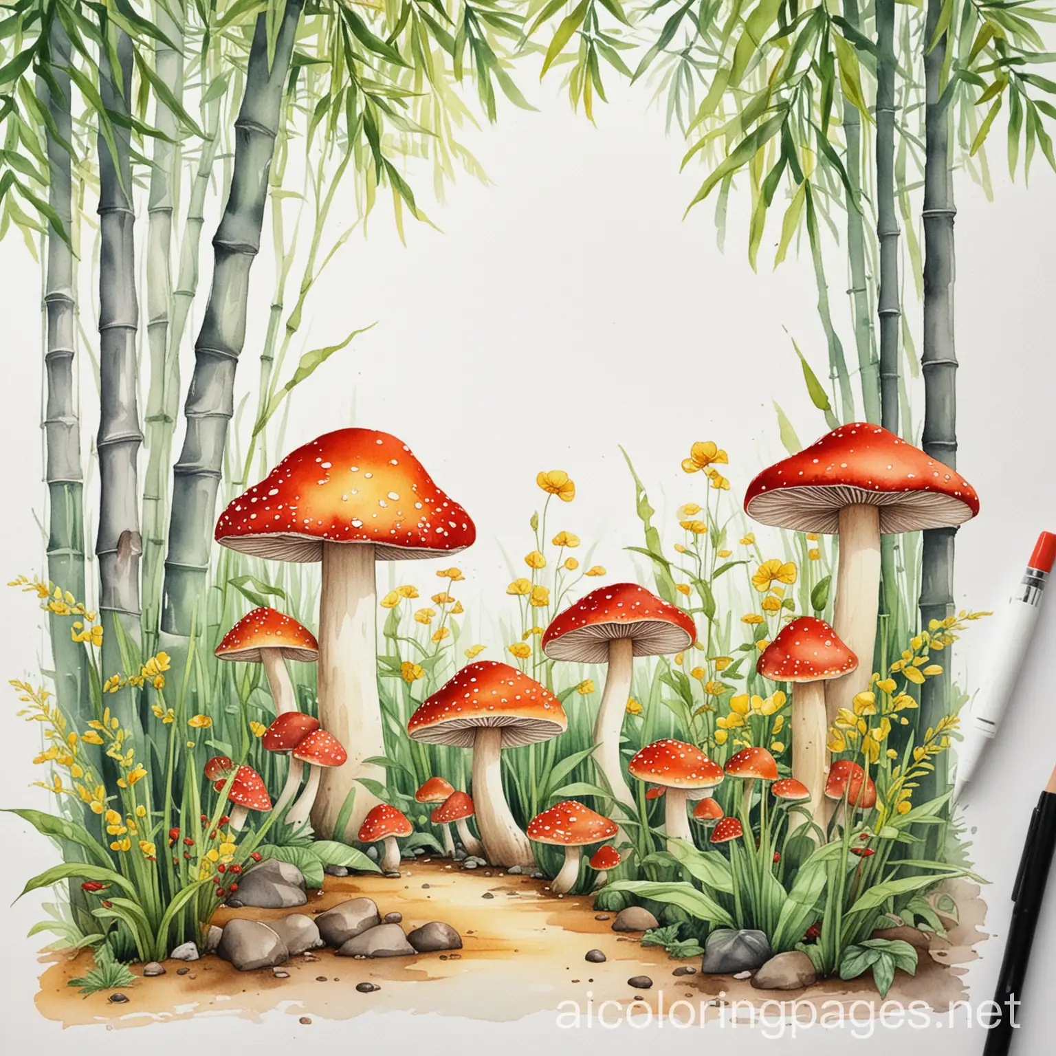 Vintage cute and very small red , green, yellow colour mushrooms under bamboo trees watercolour Illustration, Coloring Page, black and white, line art, white background, Simplicity, Ample White Space. The background of the coloring page is plain white to make it easy for young children to color within the lines. The outlines of all the subjects are easy to distinguish, making it simple for kids to color without too much difficulty