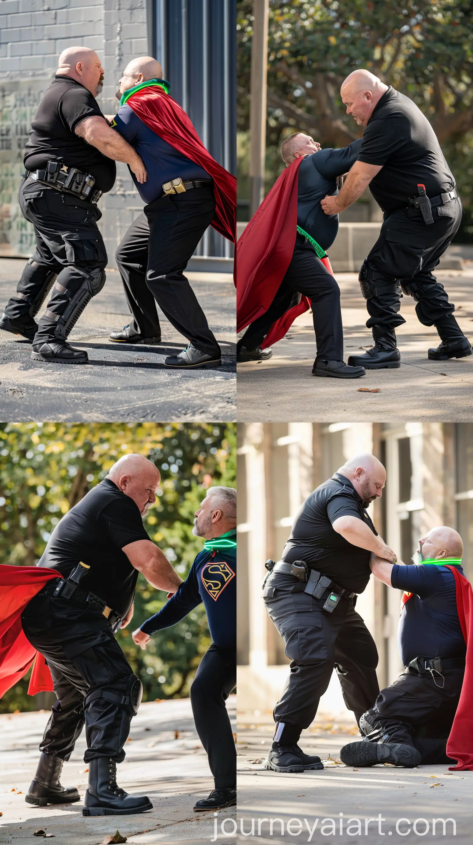 Senior-Security-Guard-Subduing-Elderly-Man-in-Superman-Costume-Outdoors