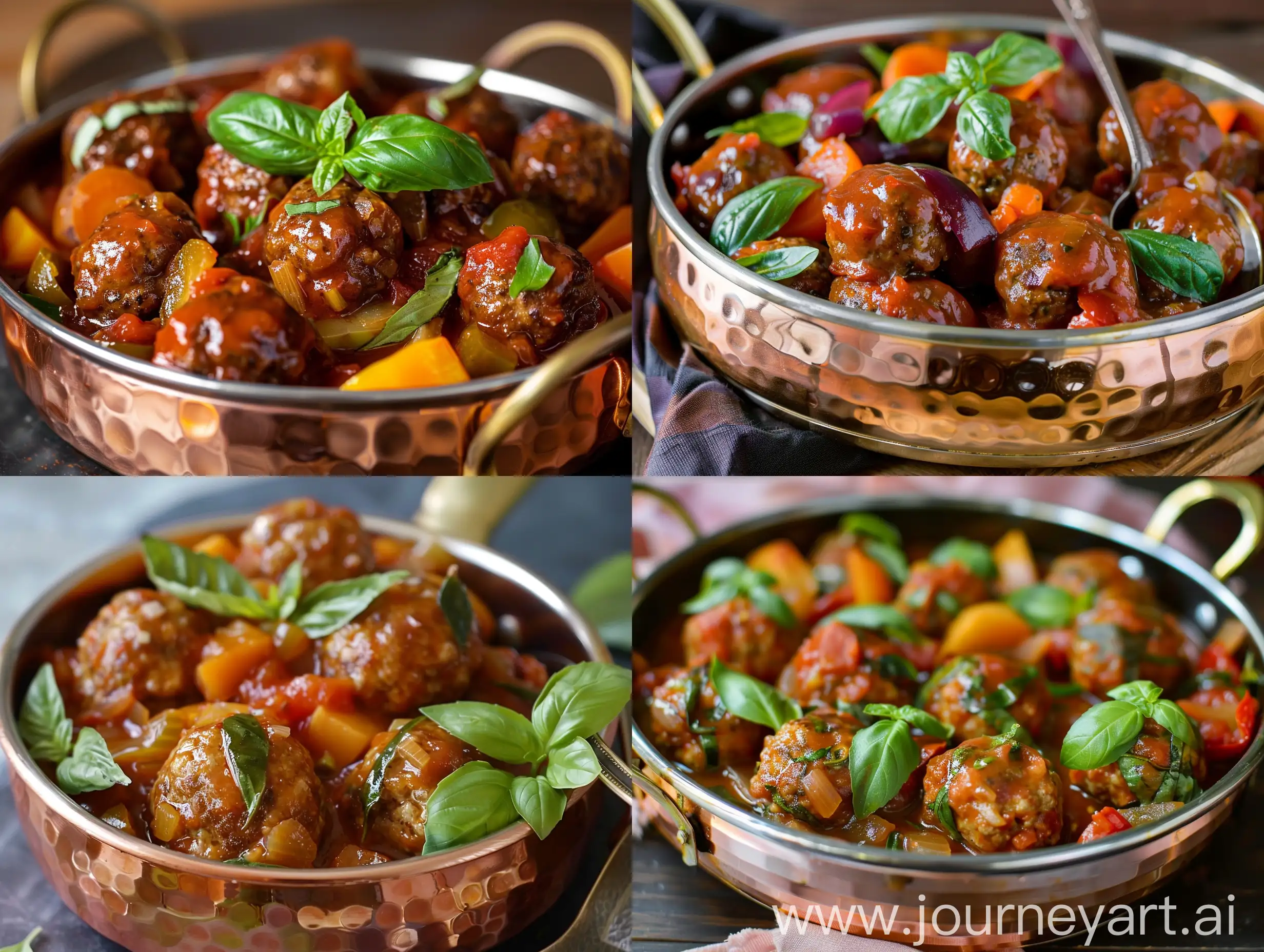 Photo of sour meatballs in tomato sauce with basil and vegetables in a copper dish