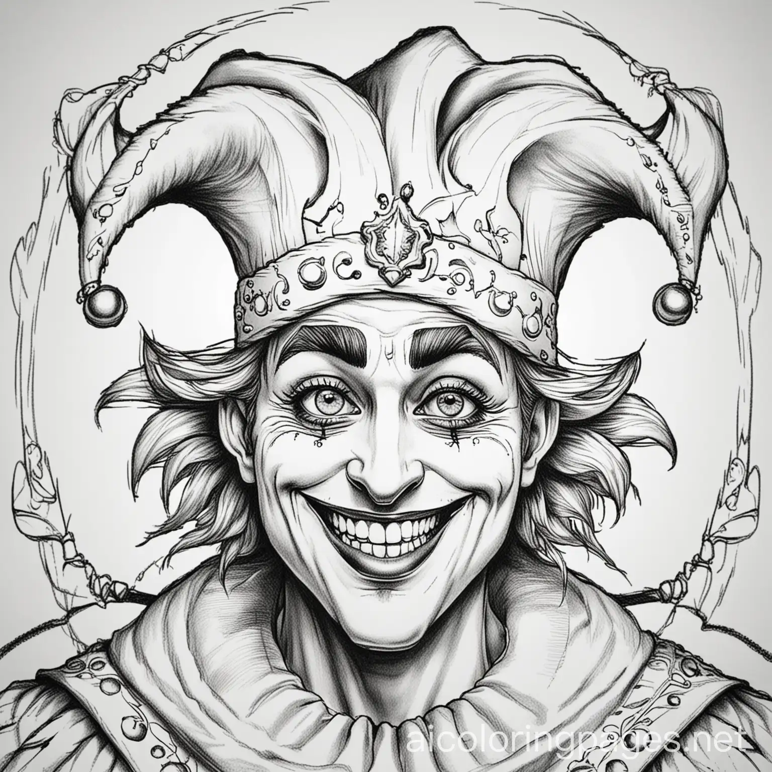 another jester joker coloring book, Coloring Page, black and white, line art, white background, Simplicity, Ample White Space. The background of the coloring page is plain white to make it easy for young children to color within the lines. The outlines of all the subjects are easy to distinguish, making it simple for kids to color without too much difficulty